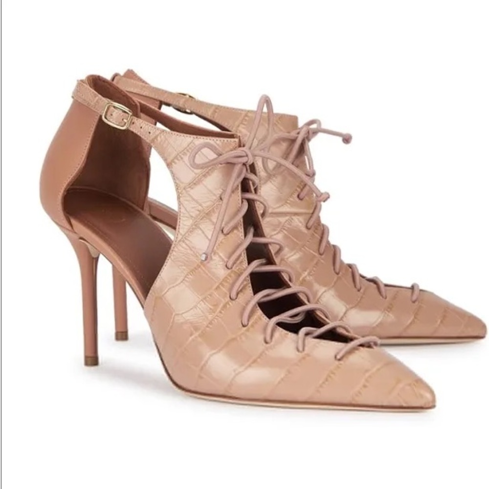 Malone Souliers Montana 85 Beige Blush Crocodile Lace-Up Nude Heels Size 7 37